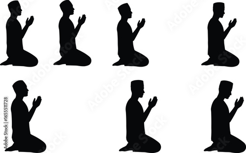 Muslim man silhouette praying, Islamic prayer illustration, faith devotion, spiritual worship, salah pose, Islamic religious concept, vector graphic