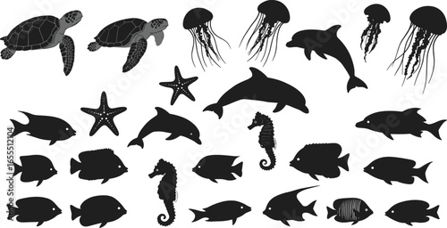 Ocean marine life silhouette collection, sea animals vector, underwater creatures, turtles, dolphins, jellyfish, starfish, seahorses, fish shapes