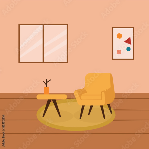 Room with a window painting and furniture.