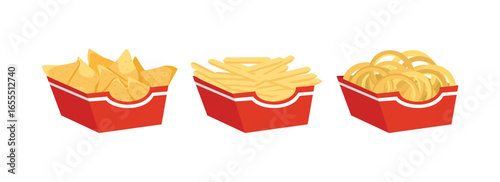 Assorted fast food snacks nachos french fries, onion rings, and nachos. Tortilla crispy snack. Food packaging. Potato chips. Corn chips