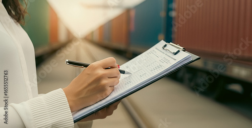 Person writing on clipboard near train freight cars outdoors in daytime, styled to highlight cargo inspection, documentation, and railway logistics.