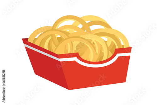 Crispy onion rings in a red container. Onion ring packaging. Food packaging. Crispy food.
