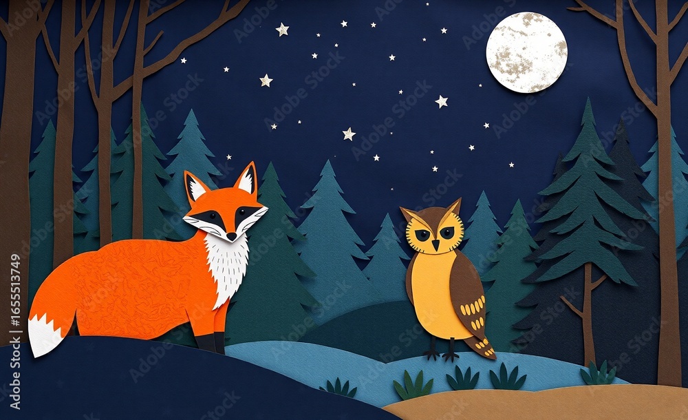 Fototapeta premium A wise owl and sleek fox stand in a serene, star-lit forest at night, with a bright full moon in the background.