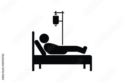 Patient lying in hospital bed with iv drip silhouette isolated on white background