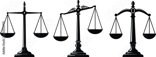 Scales of justice balance symbol, law and legal concept, courtroom weight scale, fairness and equality, black silhouette icons set.