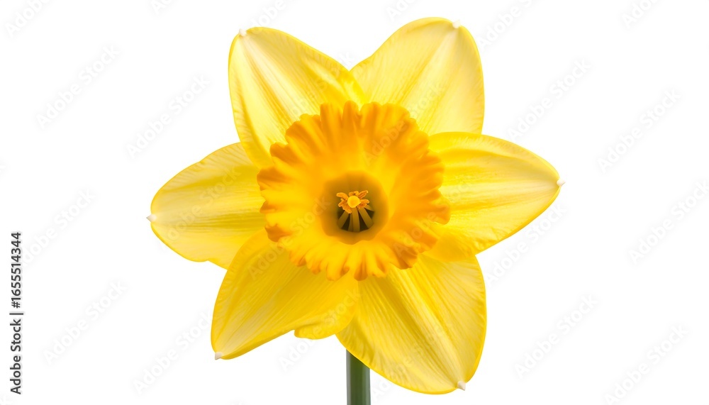 A vibrant yellow daffodil, fully bloomed, isolated on a white background