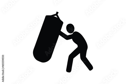 Silhouette of a person punching a heavy bag isolated on white background