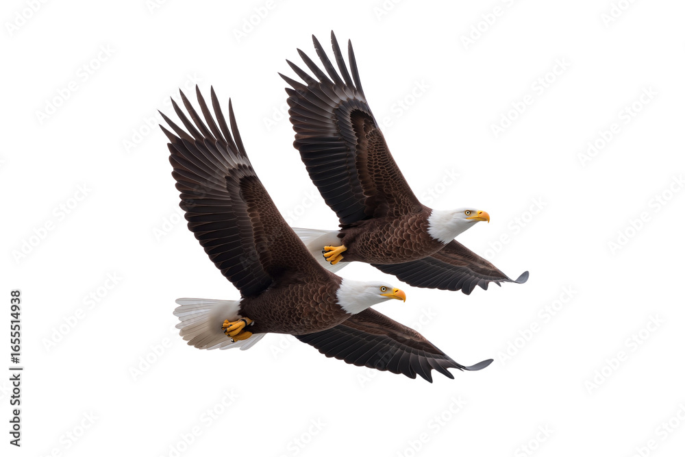 Obraz premium Two majestic bald eagles in flight, wings spread, isolated on white background