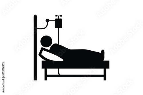 Silhouette of a patient receiving iv drip in hospital bed isolated on white background
