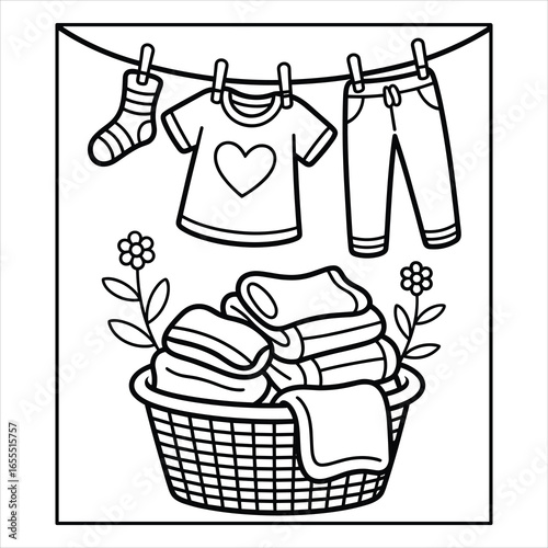 Laundry Basket Clothesline Coloring Page Vector for Kids and Adults