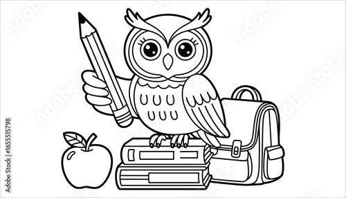Cute Owl Back to School Coloring Page Vector with Books, Pencil, and Backpack