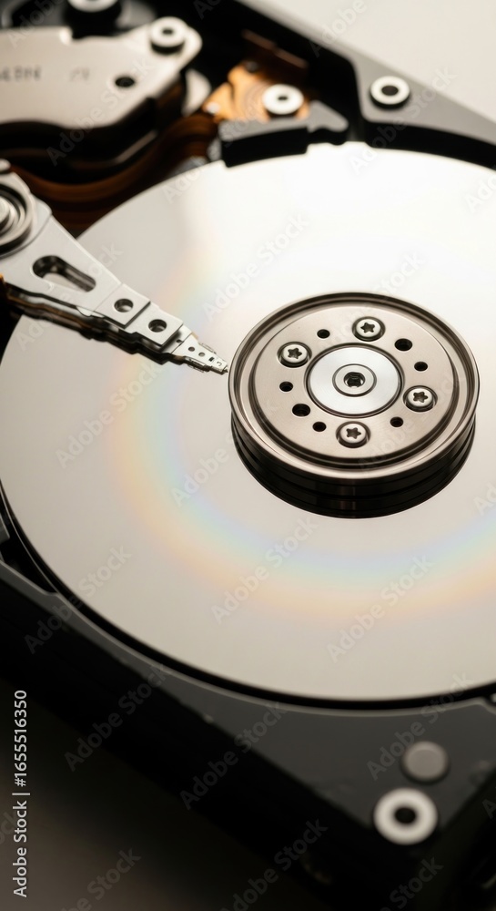 Macro View of an Open Hard Disk Drive with Read/Write Head on Platter Macro View of an Open Hard Disk Drive with Read/Write Head on Platter