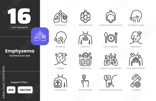 Emphysema Symptoms Icon Set Collection - Outline Line Art Style. Containing Depression, Emphysema, Fatigue, Loss of Appetite, Pulmonary Function Test, Smoking, Weight Loss, Alveoli with Emphysema.