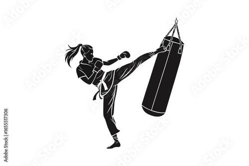 Woman practicing martial arts with a punching bag silhouette isolated on white background