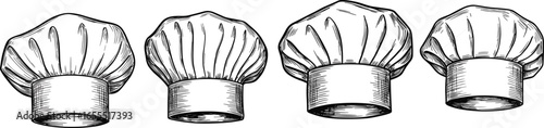 Set of four hand-drawn chef hats, professional cooking headwear, culinary uniform, kitchen apparel, chef toque illustration, vintage style.
