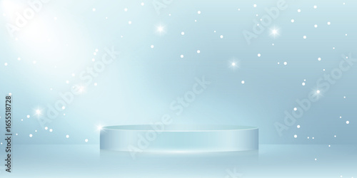 Christmas podium with snow and sparkle, blue winter background for festive ads, vector
