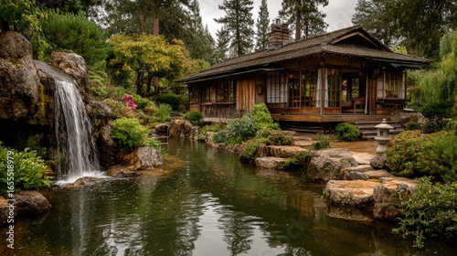 Peaceful Japanese garden with waterfall and teahouse