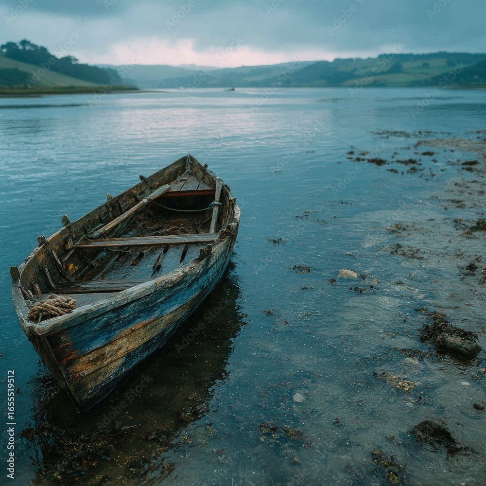 Fototapeta Wooden boat on tranquil riverbank