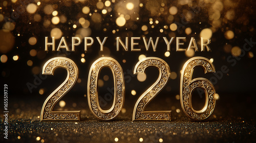 Golden 3D number 2026 sparkling on a glittery background with brilliant bokeh lights, celebrating a luxurious and festive Happy New Year