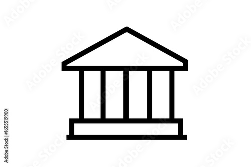 The image shows a simple black outline icon of a classical building with a triangular roof (pediment) supported by five vertical columns on a rectangular base.