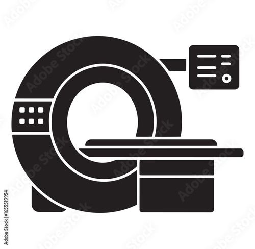 Black and white illustration of a medical computed tomography scanner or ct machine
