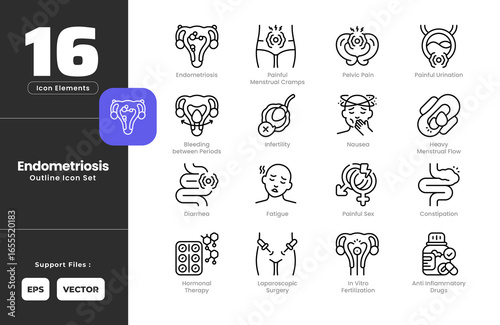 Endometriosis Symptoms Icon Set Collection - Outline Line Art Style. Containing Anti Inflammatory, Bleeding Between Periods, Constipation, Diarrhea, Endometriosis, Fatigue, Heavy Menstrual Flow.