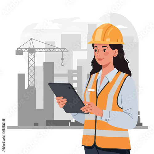 Female engineer reviewing blueprints on tablet at construction site.