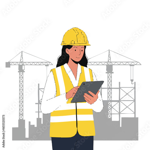 A female construction engineer uses a tablet computer at a building site with cranes in the background, managing the project efficiently.