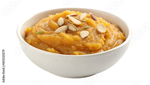 Delicious Gajar ka Halwa A Traditional Indian Dessert Garnished with Almonds in a White Bowl