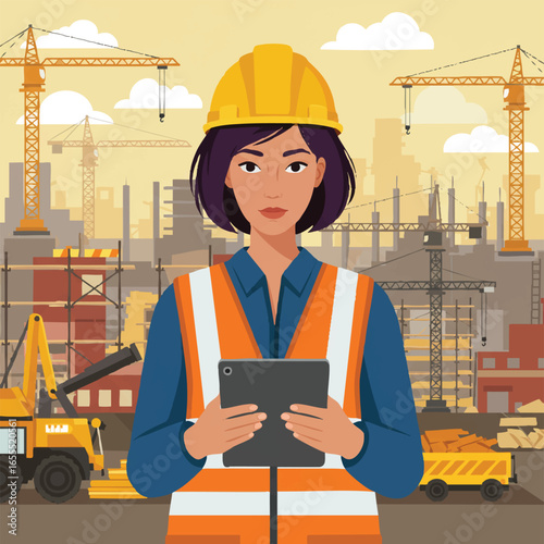 A confident female engineer wearing a yellow hard hat and orange safety vest holds a tablet at a bustling urban construction site.