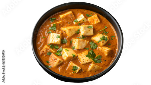 Delicious Paneer Butter Masala Indian Cottage Cheese Curry Dish in a Black Bowl Against Dark Background Close Up