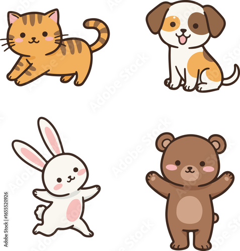 Kawaii different pose of cat stretching, dog sitting, rabbit hopping, bear waving. Cute Animal with unique movements