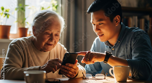 Senior citizen learning smartphone with young friend