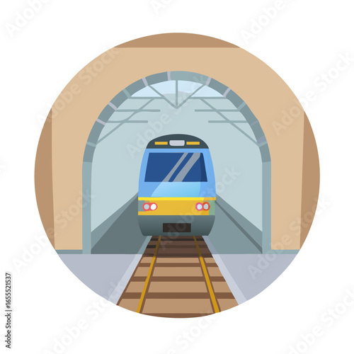 Illustration of a modern train inside a tunnel with overhead structure and tracks on a light background