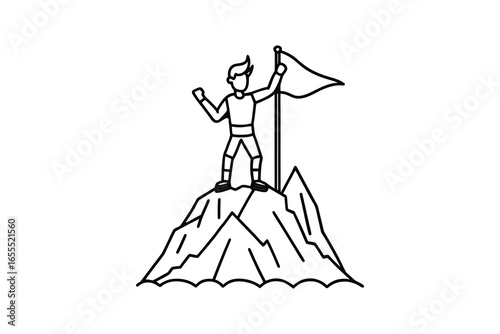 Man standing on mountain peak with flag silhouette isolated on white background