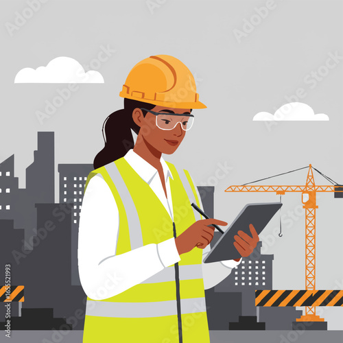 A female construction engineer wearing safety gear uses a digital tablet to manage a project at an urban building site.