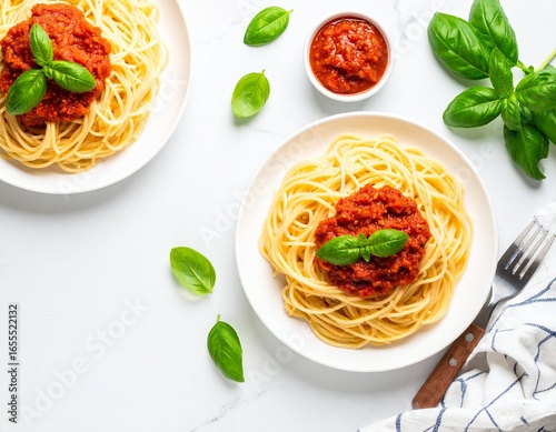 Freshly Cooked Spaghetti with Vibrant Tomato Sauce and Basil on White Marble