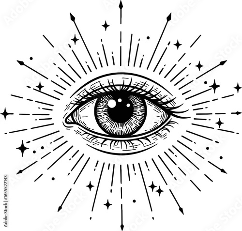 Radiant All-Seeing Eye Stencil Black Vector Illustration With Transparent Background. Great for Print, Tattoo Flash