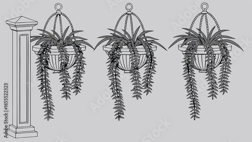 Three hanging potted plants adorn a simple post in a grayscale monochrome tone