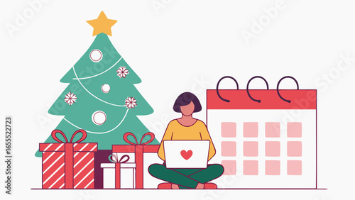 Christmas tree gifts and brunette woman working on laptop with heart icon in simple style