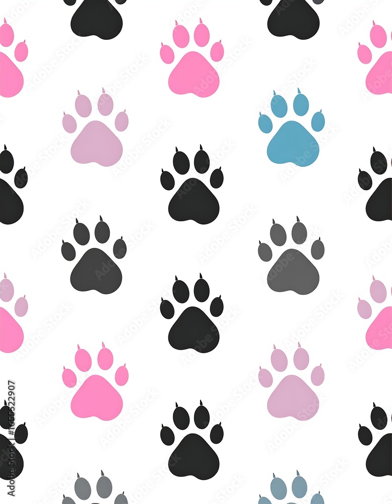 Colorful paw prints repeat on white background Colorful paw prints repeat on white background