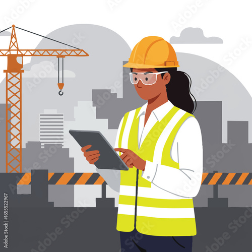 A female construction professional wearing a hard hat and safety vest diligently uses a digital tablet at an active urban building site.
