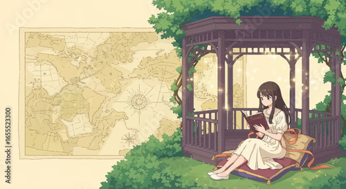 Dreamy escape: A girl immersed in a book by a gazebo with world map backdrop