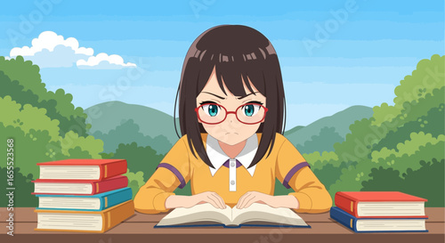 Focused anime schoolgirl studying with determination amidst a scenic view