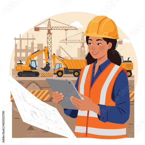 A smiling female civil engineer in a hard hat and safety vest reviews plans on a tablet at a busy construction site with heavy machinery.
