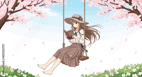 Anime-style illustration of a girl reading on a swing amidst cherry blossoms