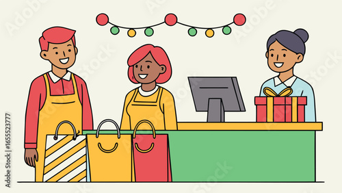 Three smiling diverse salespeople stand behind a checkout counter with holiday decorations and gifts
