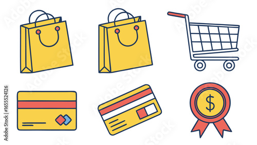 Yellow shopping bags, cart, credit cards and dollar medal are displayed on white background