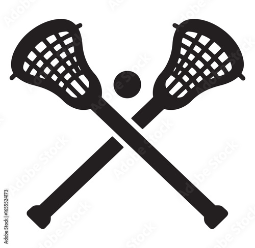 Black silhouette of crossed lacrosse sticks and ball on a white background