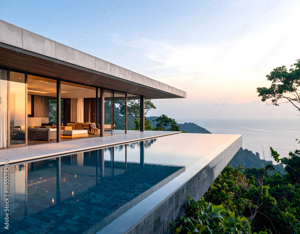 Fototapeta premium Sleek Modern Architecture & Interior Design define this luxurious villa. It features a stunning infinity pool offering breathtaking panoramic ocean views.